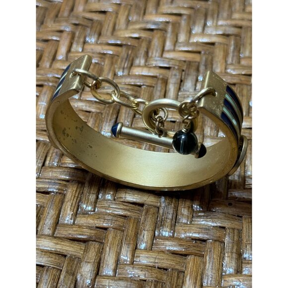 Vintage 80's Open Cuff Nautical Bracelet Gold Tone And Bluem Enamel - Picture 7 of 12